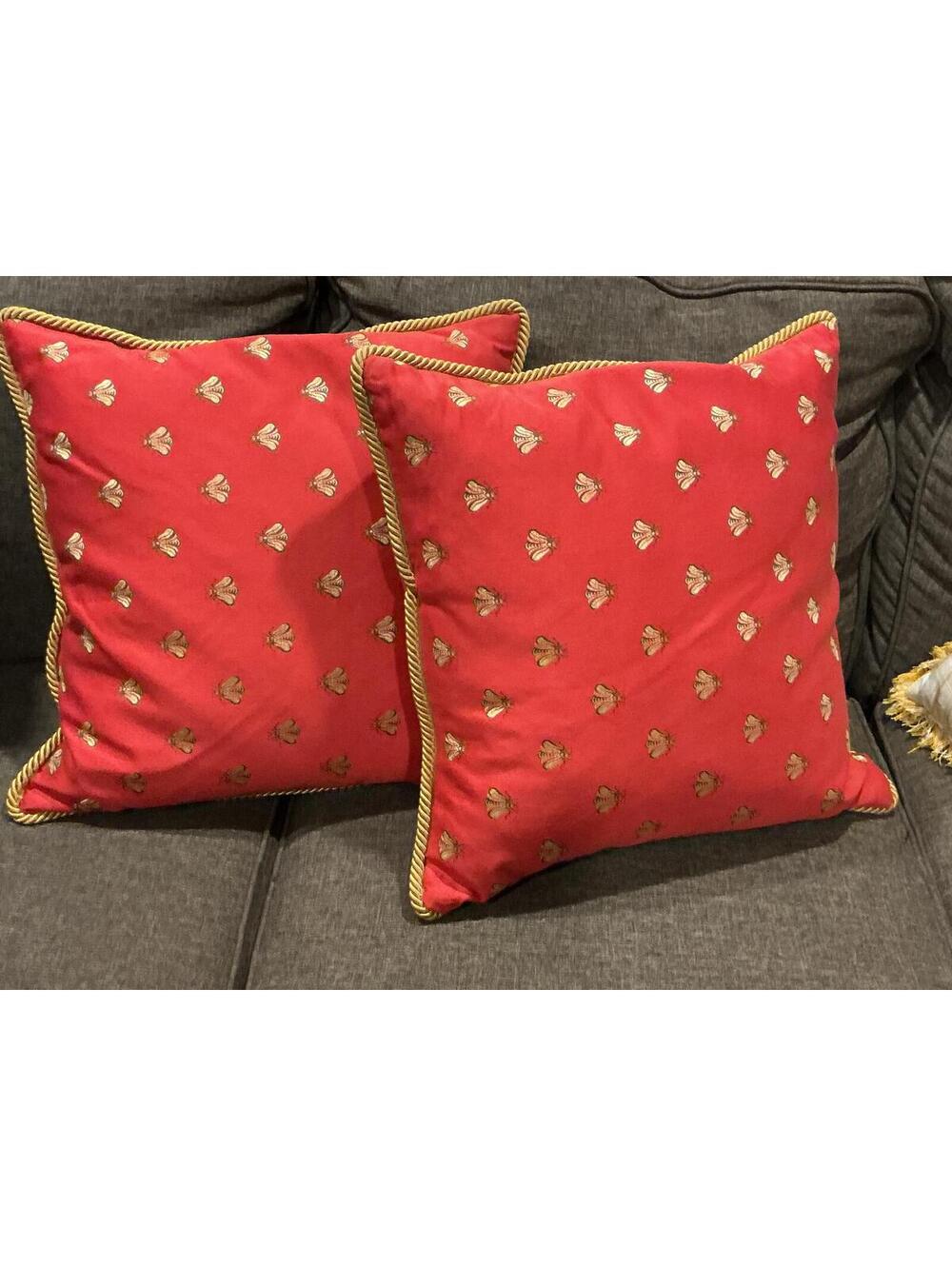 Set of 2 Luxury Red Silk Down-filled Throw Pillows with Gold Bee Embroidery